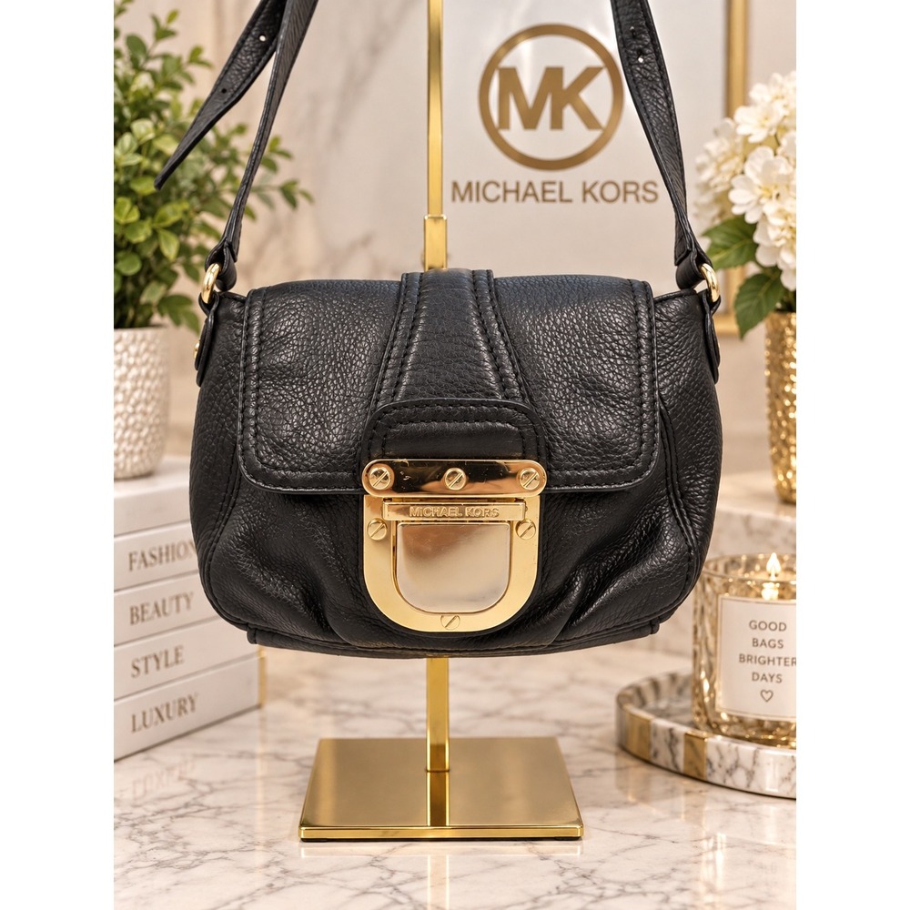 Michael Kors Black Pebbled Leather Crossbody Bag Gold Push Lock Flap Messenger
